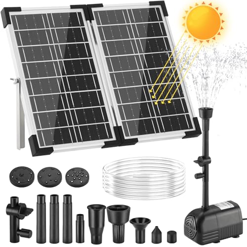 Clevich 20W Solar Springbrunnen für Außen 230L/H Maximale180cm Höhe Teichpumpe Solar mit 4+4 Düsen & 2 Ersatzfilter 1.5M Wasserleitung 5M Kabel DIY Mittelgroße Gartenteiche (5-10) Vogelbad Brunnen