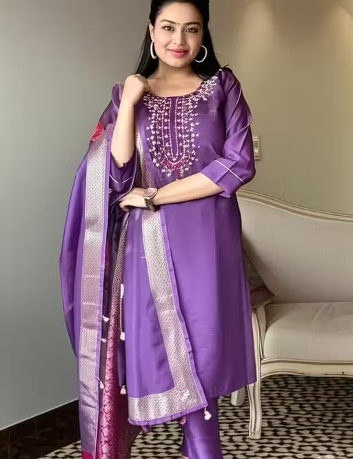 Image of Women's Chanderi Silk Kurti with Rayon Slub Pants & Dupatta | Printed Three-Quarter Sleeve Ethnic Set 6 Purple