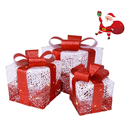 Set of 3 Lighted Gift Boxes Christmas Outdoor Decoration, Pre-lit Light Up Xmas Present Boxes with Bows, Christmas Tree Ornament Tinsel Boxes for Outside Indoor Holiday Decor(Red)