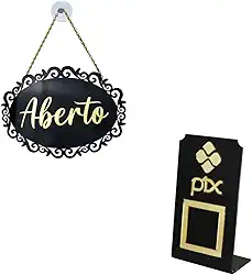 Kit Placa Aberto/Fechado Retrô + Display Pix Qr-Code Acrílico 15x9cm Preto/Dourado