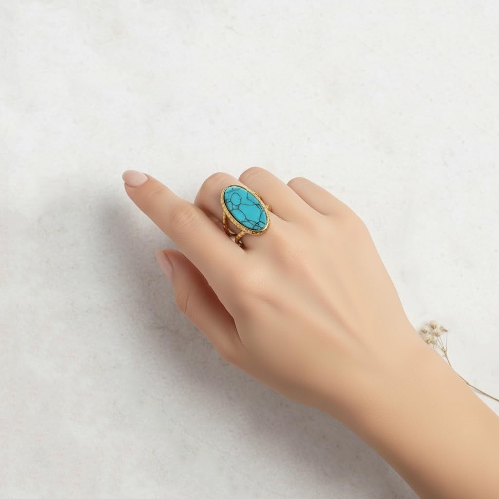 Boho Western Turquoise Ring, Oval Turquoise Gemstone December Birthstone Open Adjustable Statement Ring, Gold Plated Stainless Steel Stackable Rings for Women - Image 3