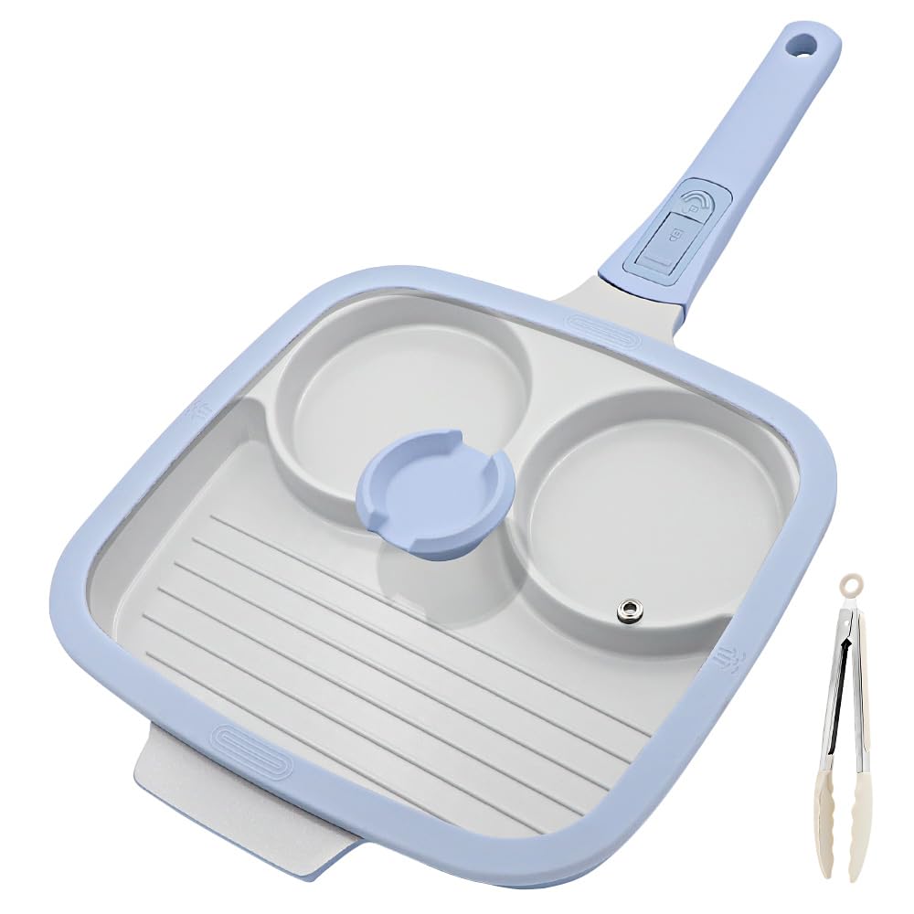 3-in-1 Divided Frying Pan with Lid, 26 x 24 cm, Non Stick Ceramic, Blue