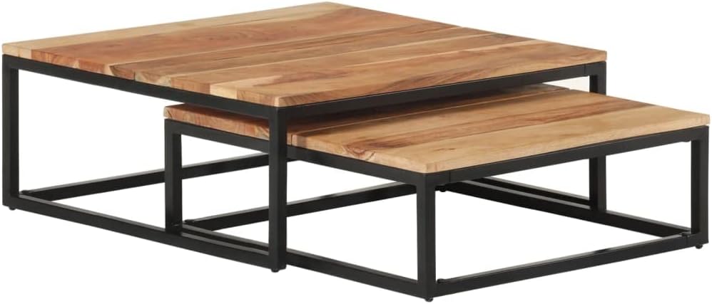 vidaXL Nesting Coffee Tables Set of 2 - Solid Acacia Wood/Black Iron Frame - Industrial Accent Table for Living Room, Sofa, Lounge