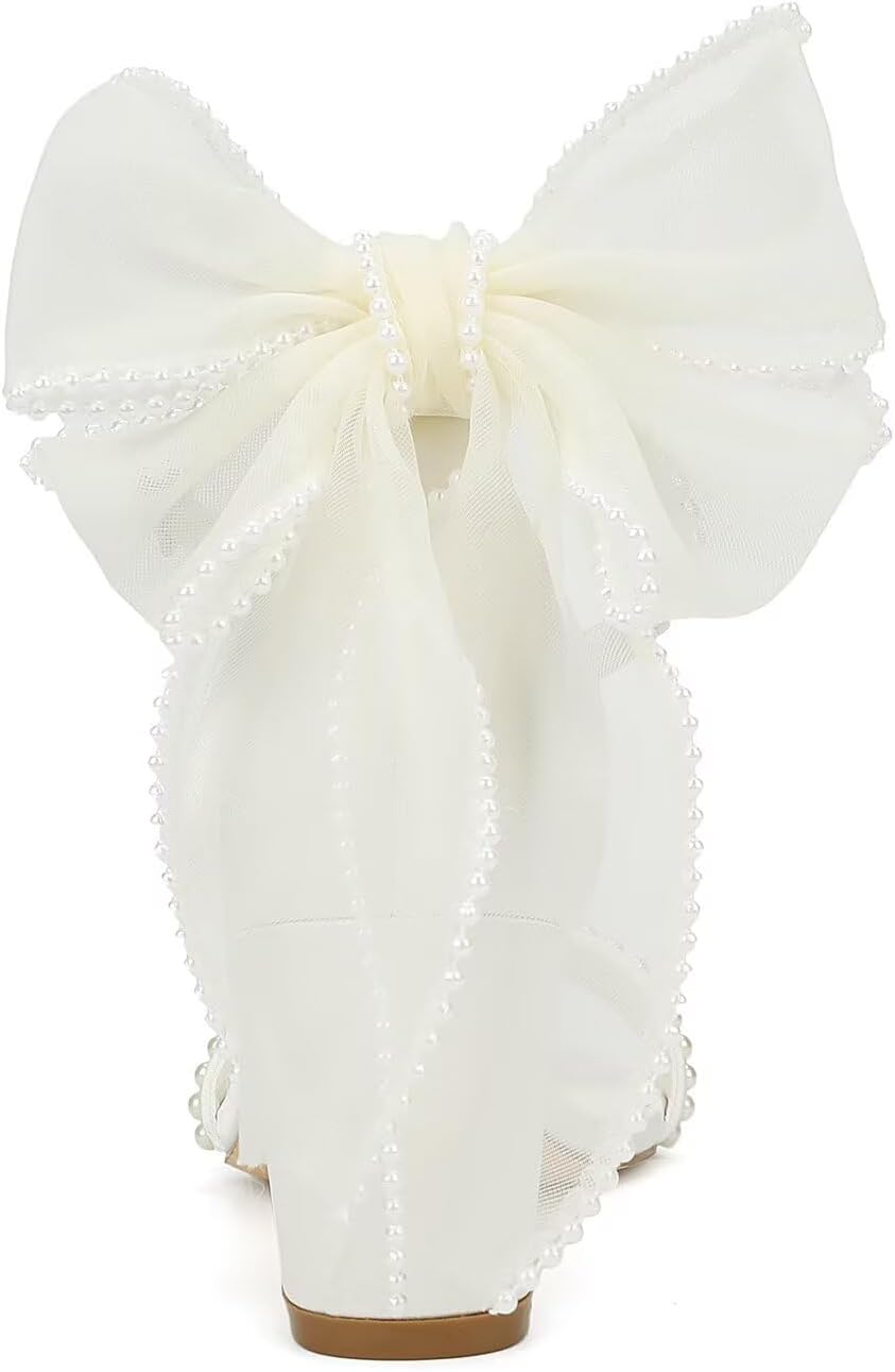 Bow Heels Pearl Wedding Shoes for Bride Low Block Heel Wedding Sandals Open Toe Bridal Shoes - Image 5