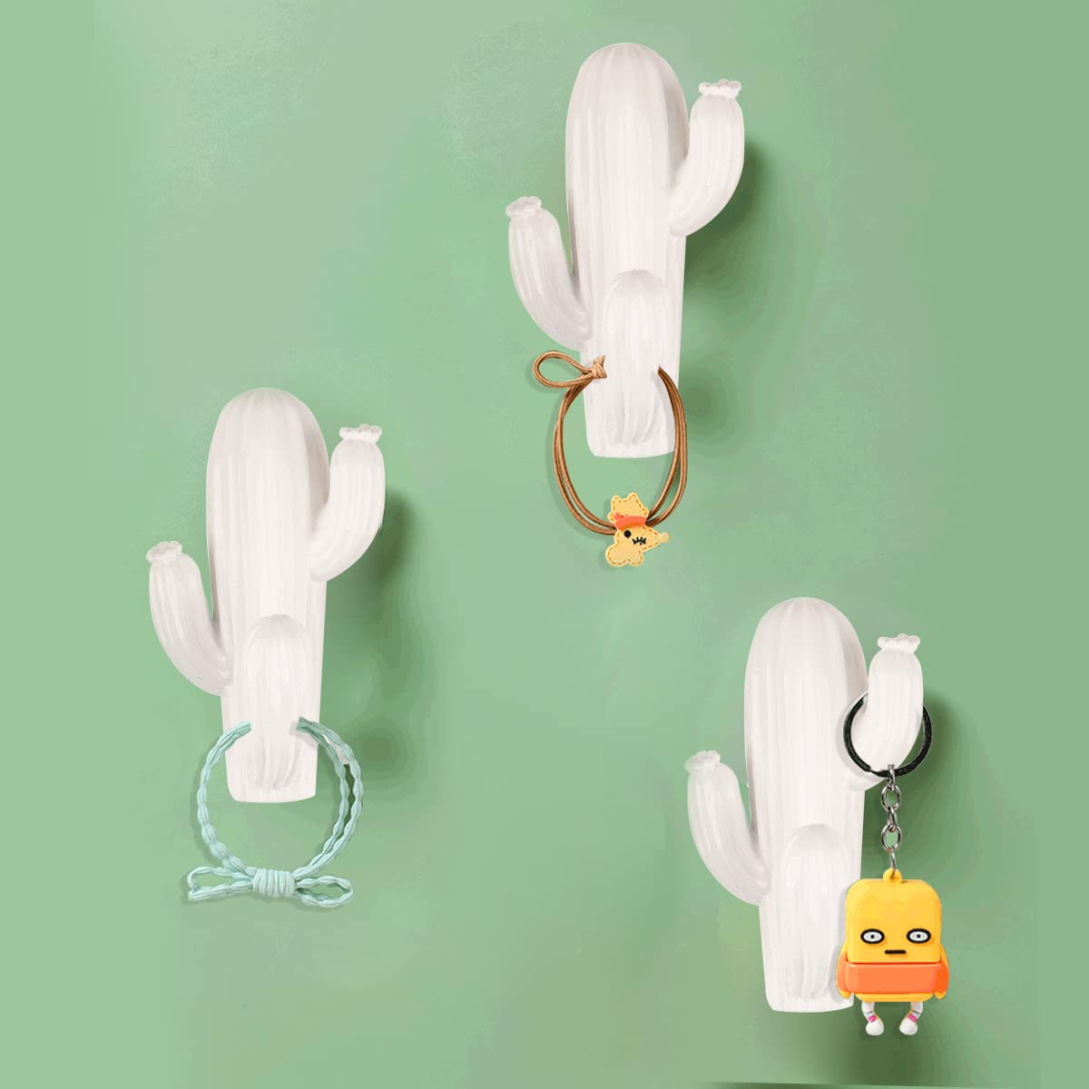 ToYeBather Cute Adhesive Hooks, Decorative Wall Hooks, Cactus Shaped Key Hooks - Wall Key Holder for Hanging Keys, Data Cable, Earphone, Purses, Backpacks, Hats, Bags and More-White/3Pack