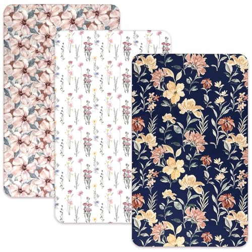 Image of AMROSE 3 Pack Heavenly Soft Mini Crib Sheets, Microfiber Pack N Play Sheets Set for Baby Girls, Silk Touch Gentle Playard Sheet Portable Crib Sheet, Floral Plants