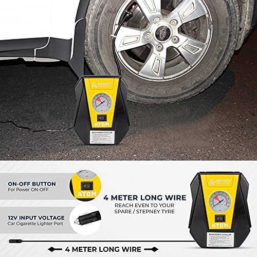 Image of Autofy Atom 1 Year Warranty Car Tyre Inflator 100PSi Rapid Mini Portable Air Compressor Pump (4 Meters Long Wire - 12V DC)