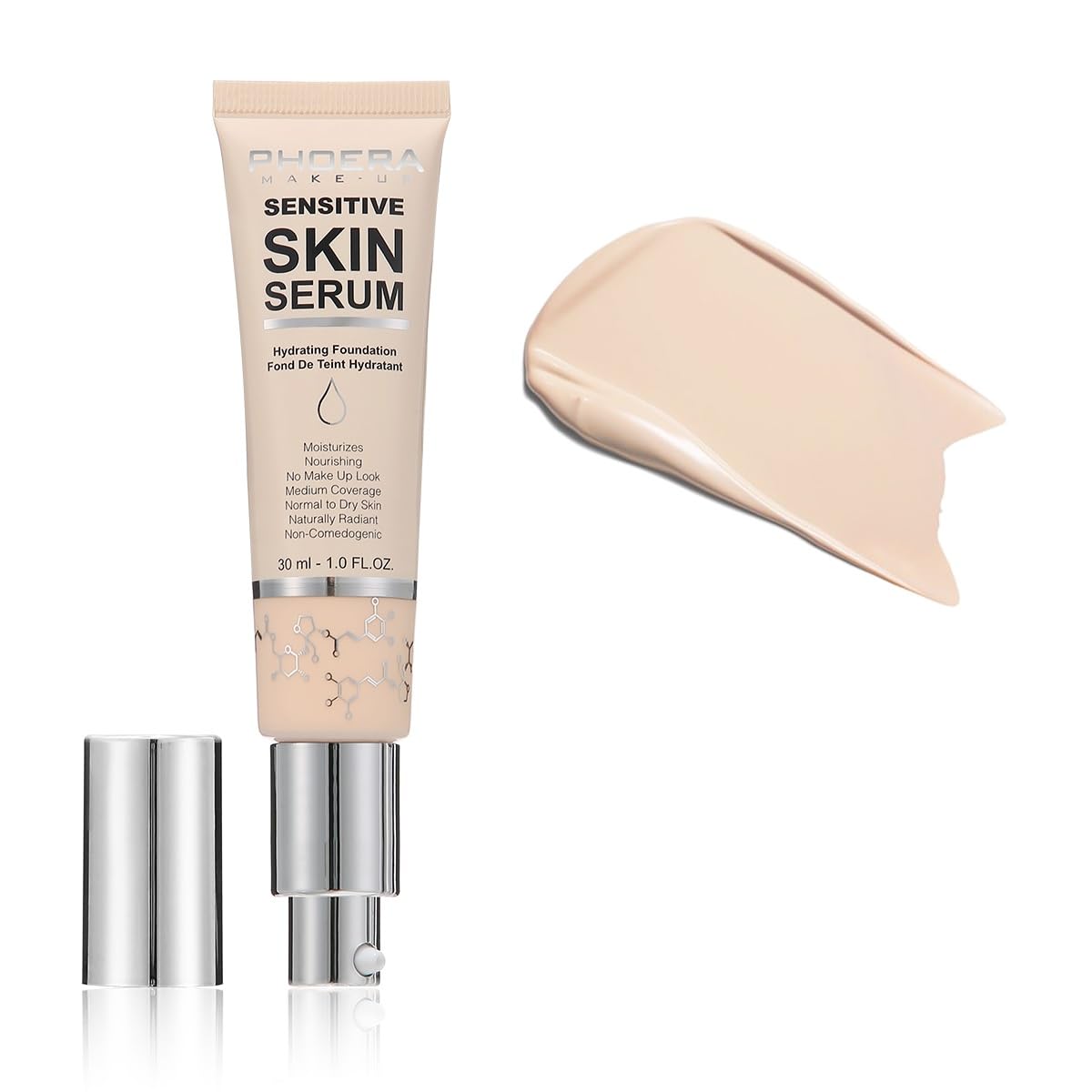 PHOERA Hydrating Serum Foundation, Hyaluronic Acid, Niacinamide, Tea Tree Oil & Vitamin E, Medium Coverage