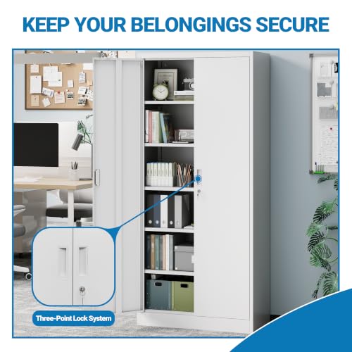 Image of Metal Storage Cabinet with Lock Doors and 5 Adjustable Shelves