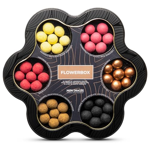 Mon Dragée Flower Box 265g Luxus-Feinkost-Pralinen 6 Sorten Dänische Lakritz-Kugeln Glutenfreie Pralinen-Geschenkbox in Blütenform Edles Geschenk für Liebhaber besonderer Süßigkeiten