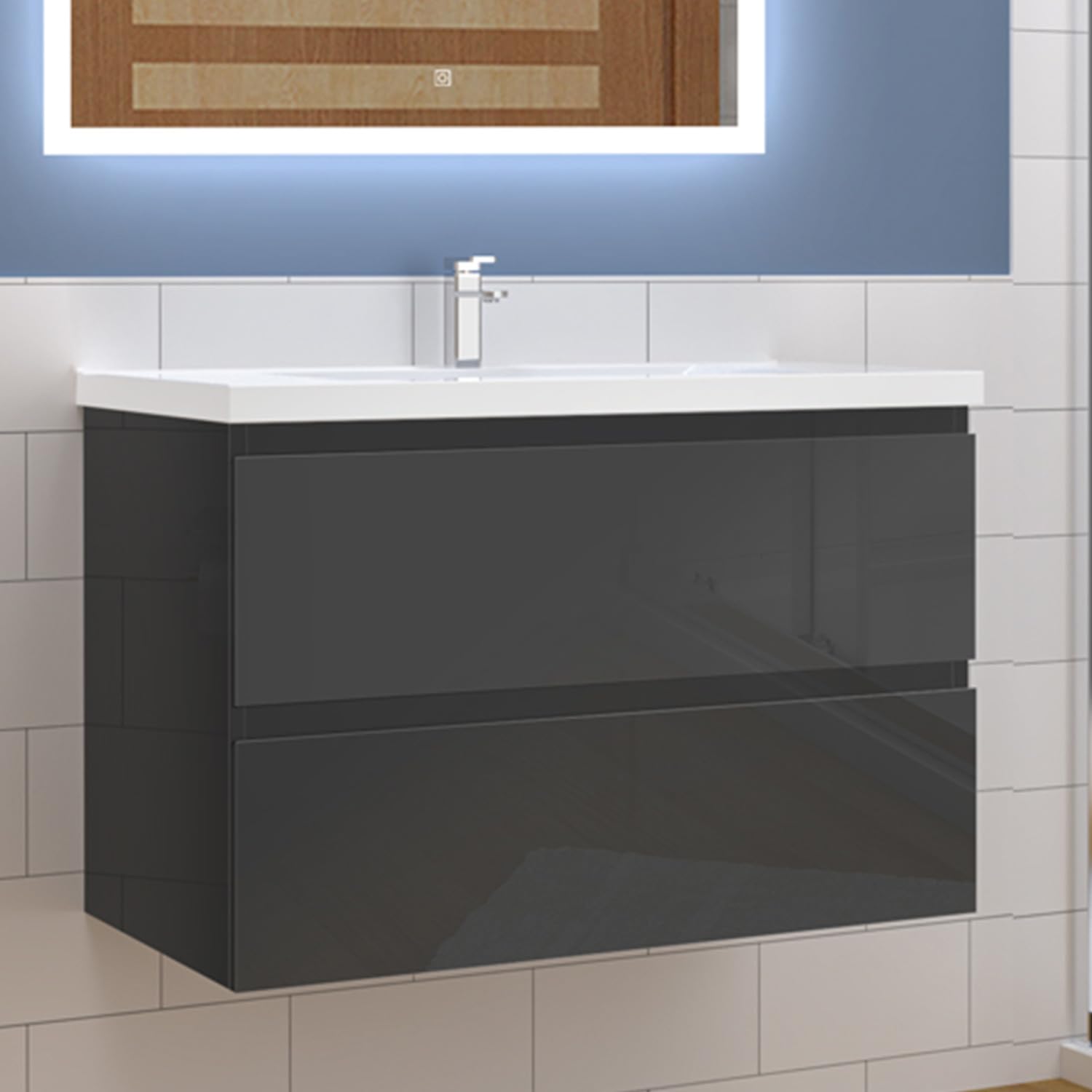 Aica Sanitär Waschtisch mit Unterschrank 80cm Alast Badmöbel Set Hochglanz Anthrazit Keramik Waschbecken mit Unterschrank MDF Softclose