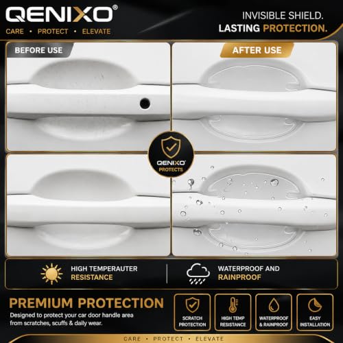 Image of Qenixo Universal Car Door Handle Protector & Vehicle Door Decal Self-Adhesive Transparent PU Scratch-Guard Vinyl Sticker for Paint Protection Decorative Automotive Graphic Wrap Universal Fit Pack of 4