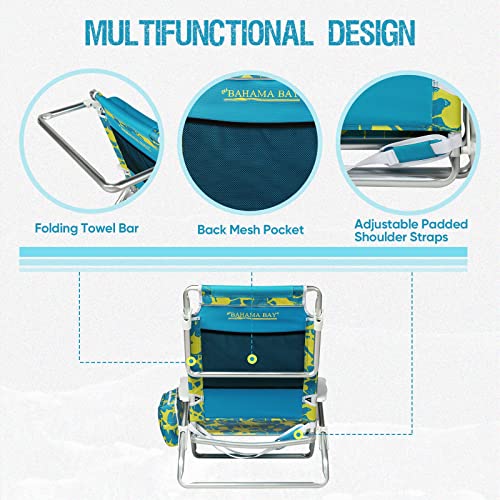 Old Bahama Bay Reclining Beach Chair Backpack 5-Position Lay Flat Lounge Chair For Adults Heavy Duty Portable Folding Lightweight With Cooler Bag Camping Chair For Sand Outdoor Yellow Green #TOP5