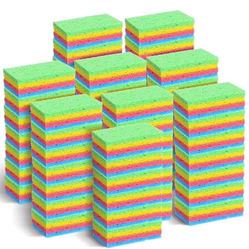 100 Pcs Natural Compressed Cellulose Sponges, Non-Scratch Kitchen Dish Sponges for Cleaning, Reusable Super Absorbent for Bathroom Cars DIY Kids, 3.9 x 2.4 x 0.12 Inch (Multicolor)
