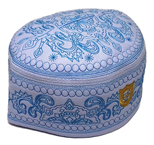 Muslim Kufi Prayer Hat for Men and Children ALW012 Islam Skull Cap Unique Design Embroidered Topi Ramadan Eid Gift (Wh-Blue, 54.5 cm. (21.5 inch))