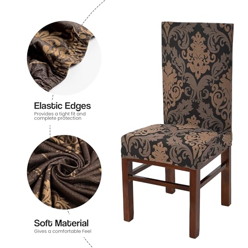 Yellow Weaves Elastic Stretchable Dining Chair Cover, Removable Washable Elastic Floral Printed Dining Chair Covers (Set of 6, Floral Brown) 3