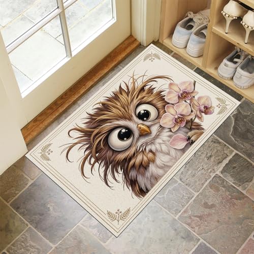 MLSOWM Tapis Intérieur Absorbant, 60 x 90 cm Tapis de Porte Idées Créatives Antidérapant Lavable, Paillasson Chouette De Dessin Animé avec Dos en...