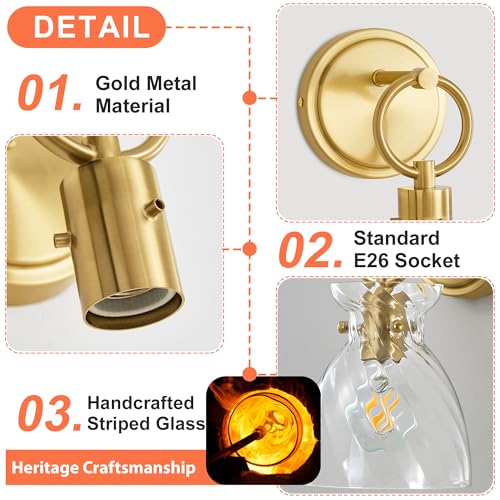 Image of Gold Wall Sconce 1-Light 6 Inch Clear Striped Glass Shade | Farmhouse Vanity Light Fixtures, Hardwired Wall Mount, Modern Wall Lights for Bathroom, Living Room, Mirror, Kitchen