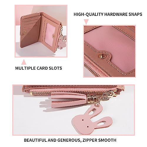 WisePoint Wallet for Women, PU Leather Wallet Coin Purse with Metal Snap Button, Mini Wallet with Coin Bag and Zipper, Bifold Wallets Rabbit Pendant, Credit Card Holder Wallet for Girls (Pink) - Image 3