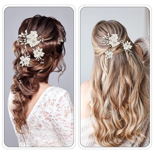 3pcs Large Flower Bridal Wedding Hair Pins, Pearl Hair Clips,Wedding Hairs Pieces for Brides, for Brides Bridesmaids Girls Updo - Thumbnail 7