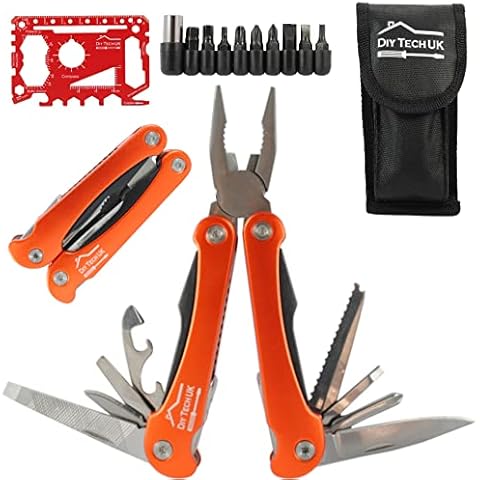 DIY TECH UK - 23 in 1 Pliers Multitool + Free 48 in 1 Wallet Tool - Extra Strong High Carbon Stainless Steel - Wire Cutter, Screwdrivers, Bottle and Tin Opener, Saw, Knife, File - with Pouch - Orange Cover