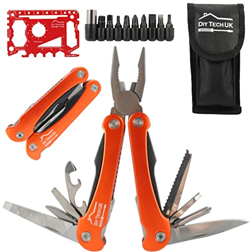 DIY TECH UK - 23 in 1 Pliers Multitool + Small Multi Purpose Tool Camping Hiking Survival + Free 48 in 1 Credit Card Gadget - Wire Cutter, Screwdrivers, Bottle, Tin Opener, Saw, Knife + Pouch - Orange DIY TECH UK - 23 in 1 Pliers Multitool + Small Multi Purpose Tool Camping Hiking Survival + Free 48 in 1 Credit Card Gadget - Wire Cutter, Screwdrivers, Bottle, Tin Opener, Saw, Knife + Pouch - Orange
