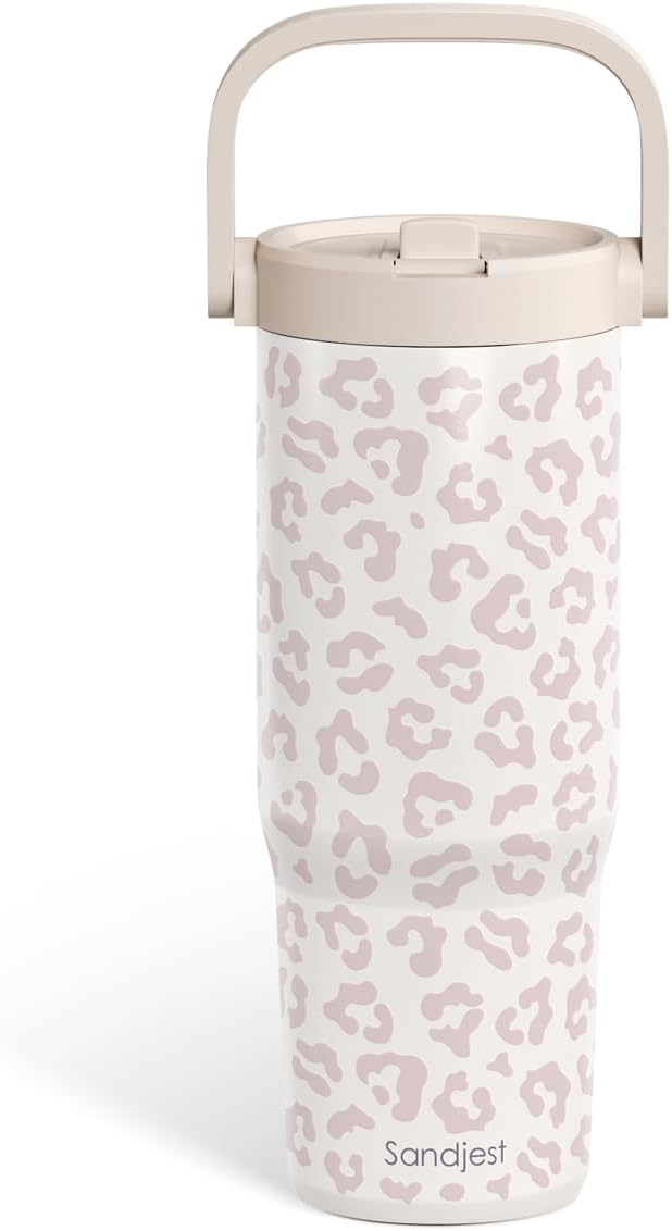 SANDJEST Leopard Skin Stainless Steel Straw Lid Tumbler 30oz with Carry Handle for Women Girls, Insulated Travel Coffee Cup, Gift for Sports Outdoor Workout Christmas Birthday (Beige)