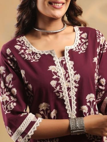 Image of Rimeline Women's Cotton Printed Kurta with Lace Yoke Detail | Elegant Straight Fit Ethnic Wear for Office, Casual & Daily Styling