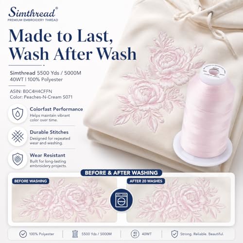 Image of Simthread 5000M 40WT Polyester Embroidery Thread, Peaches-N-Cream S071 | 5000M 40WT polyester thread feeds smoothly for machine embroidery, monograms, logos, patches and quilting.
