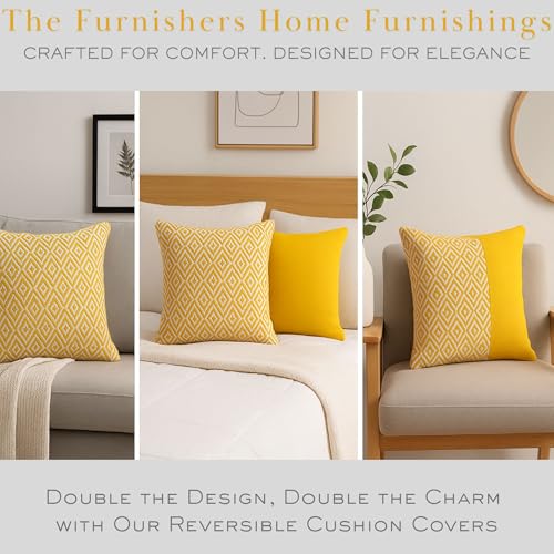 Image of Reversible 24x24 Inch Yellow Cotton Argyle Woven Pack of 2 Fashion Throw Pillow Covers Cases for Couch Sofa Home Decoration | 60 x 60 cm