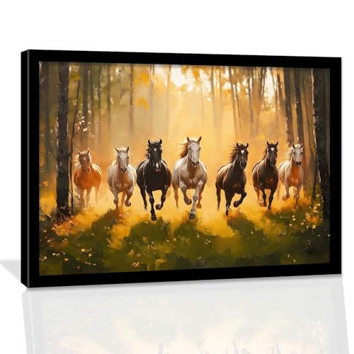 Image of HOTHOUSE 7 Horses Vastu Frame Wall Art Painting for Living Room Bedroom Office Home Decor | Seven Running Vastu Lucky Horse Rising Sun Painting Wall Decor Size (13X17 inch)