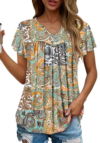 KISSMODA Tops for Womens Summer Cute Short Sleeve Shirts Trendy Notched Neck Blouses Casual Loose Pleated Tunics S-3Xl