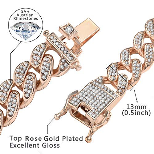 Wealthmao 13Mm Cuban Link Chain For Mens Women Heavy Strong Necklaces Chains Iced Out Miami Curb Chain Bling Bling Hip Hop Necklace Chain Rose Gold Plated Rhinestone Cz Clasp Jewelry Choker Chain 8" #TOP1