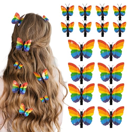 16PCS Pride Rainbow Glitter Butterfly Hair Clips 8 Large & 8 Small with Foldable Wings for Pride Parade Rainbow Hair Accessories for LGBTQ Day Celebration Outfit