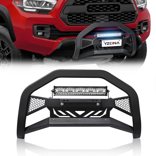 Image of YZONA Bull Bar with LED Light Bar & License Plate Frame Compatible for 2005-2015 Toyota Tacoma Front Grill Guard Grille, Truck Brush Guard, Bumper Push Bar (Include Skid Plate & Light Mount, Black)