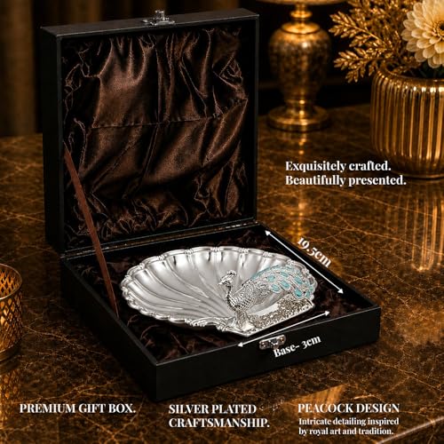 Image of Diviniti German Silver Peacock Decorative Bowl with Blue Enamel Design | Luxury Silver Plated Dry Fruit & Sweet Serving Tray for Home Decor, Dining Table, Festive Gifting with Box Wedding Decor Style.