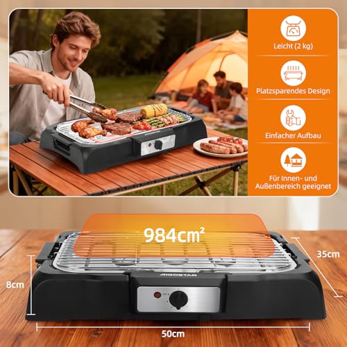 Aigostar Rauchfreier Tischgrill Barbecue Elektrogrill Elektrischer BBQ Grill 2000 Watt Antihaftbeschichtete 984 cm² Grillfläche, Abnehmbarer Fettauffangschale, Thermostat, Schwarz – Bild 2