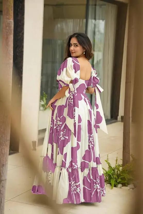 Image of Women Floral Printed Tiered Maxi Dress with Puff Sleeves, Empire Waist, Tie-Up Detail, Flared Long Dress for Casual Wear, Summer Outings, Vacation & Resort Wear - Causal Gown for Women