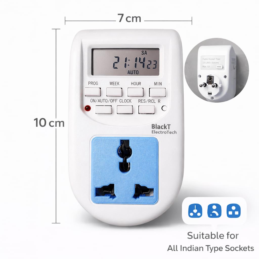 Blackt Electrotech BT41P 250V 10A Digital Programmable Timer Socket Plug 24x7 Electronic Outlet for Automated Lights, Energy Saving & Home Appliances 4