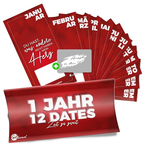 getbrave 1 Jahr, 12 Dates - Das Geschenk für gemeinsame Zeit - Dates zum selber ausfüllen mit Rubbelaufkleber - Überraschung zum Geburtstag & Jahrestag für Mann, Frau, Partner, Freundin & Freund