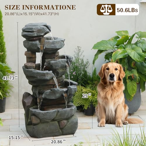 Image of Sunlinua 42 inch H Outdoor Water Fountain with 5 Tiers Large Cascading Realistic Tree Trunk Waterfall Fountains with LED Lights Outdoor Water Fountain for Garden Patio Backyard Porch Home Decor
