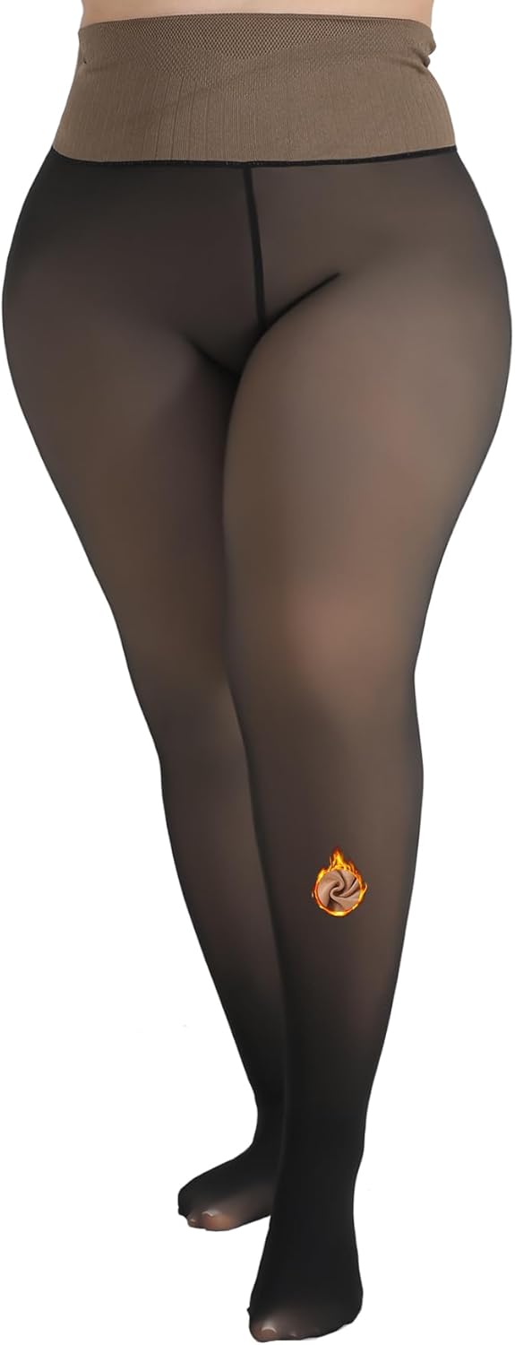 MERYLURE High Waist Fleece Lined Tights Women Plus Size, Fake Translucent Winter Warm Pantyhose Thick Thermal Leggings