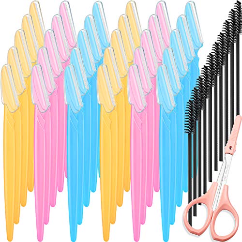 60 Pieces Eyebrow Razor Shavers Eyebrow Shaper Trimmers Facial Razor with Precision Cover, 4 Inch Eyebrow Scissors Curved Craft Scissors 10 Pieces Eyebrow Brushes for Women Girls