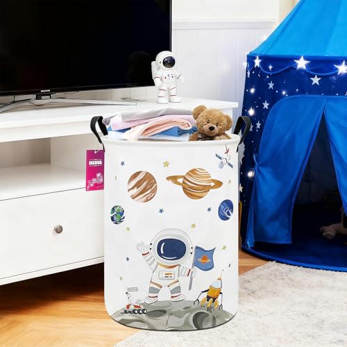 Image of Astronaut Fabric Storage Bin Nursery Organizer Basket | Organizer Bin Dirty Clothes Collapsible Waterproof for College Dorms, Boys and Girls Bedroom,Bathroom