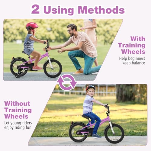 Image of BABY JOY Kids Bike, 12 14 16 18 Inches Sporty Bicycle with Training Wheels, Adjustable Seat, Handbrake & Coaster Brake, Reflectors, Girls Boys Bike for 3-8 Years Old Children