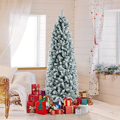 Yaheetech-6Ft-Snow-Flocked-Fir-Pencil-Christmas-Tree-Slim-Corner-Hinged-Artificial-Xmas-Tree-with-814-Branch-Tips-and-Metal-Stand-Holiday-Decoration-for-Home-Office-Party-White Yaheetech 6Ft Snow Flocked Fir Pencil Christmas Tree Slim Corner Hinged Artificial Xmas Tree with 814 Branch Tips and Metal Stand Holiday Decoration for Home Office Party White