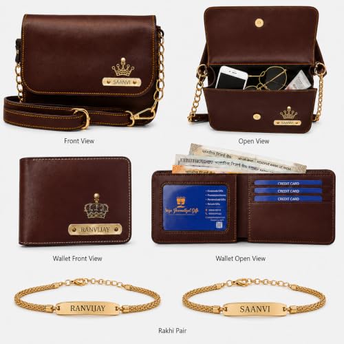 Image of SAVRI Personalized Rakshabandhan Gift for Bhaiya & Bhabhi | Customized Leather Wallet & Sling Bag with Name & Charm | Set of 2 Personalized Chain Rakhis with Name | Couple Gift for Anniversary & Rakhi