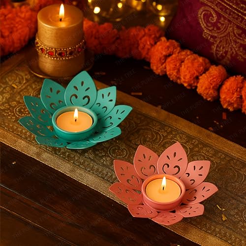 Image of The Purple Tree Set of 2 Pink & Blue Floral Tealight Candle Holders for Diwali Decoration | Decorative Metal Flower Votives for Home Decor, Festive Lighting & Gifting | Diya Holder for Pooja