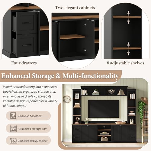 Image of 94.8 inchL Large Entertainment Center with Bookshelves and Drawers for TVs Up to 70'', Wall Unit Entertainment Center with Adjustable Shelves and Cabinet, Minimalist TV Stands for Living Room Black