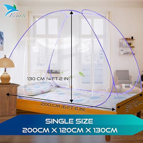 Image of Evafly Mosquito Net for Single Bed with Heart Design | Premium Polyester Mesh | Foldable Pop Up Bed Net | Fine Mesh Protection from Mosquitoes & Insects | Easy Setup, Washable | Purple